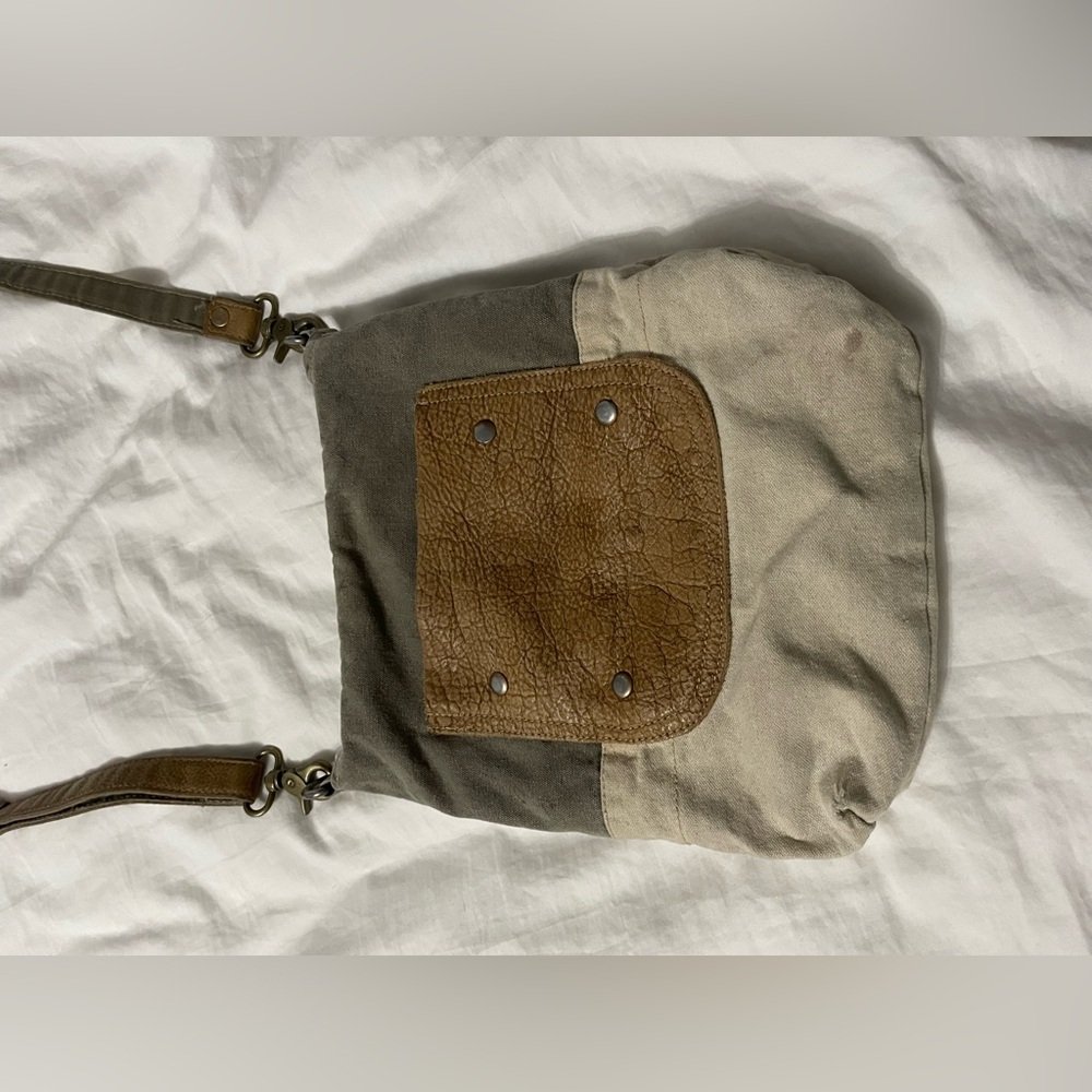 Gray Canvas and Leather Crossbody Bag with Tan Trim - Picture 1 of 14